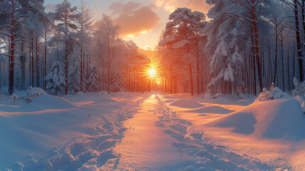 Sticker - beautiful snowy winter landscape panorama with forest and sun. winter sunset in forest panoramic view. sun shines through snow covered trees.