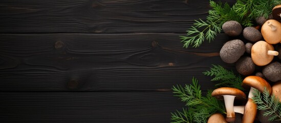 Poster - Fresh Harvest of Colorful Mushrooms and Carrots Arranged on Dark Wood Surface