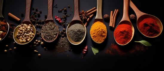 Wall Mural - Aromatic Collection of Diverse Spices Arranged on a Stylish Black Background