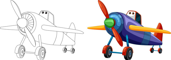 Wall Mural - From sketch to vibrant cartoon airplane illustration