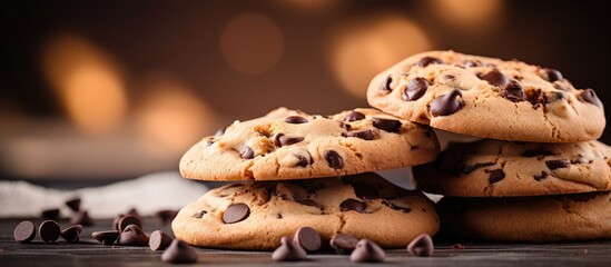 Canvas Print - Delicious Chocolate Chip Cookies Stacked with Sweet Chocolate Chips on Top