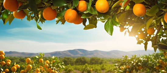 Sticker - Ripe Oranges Hanging from Lush Tree Branches in a Bountiful Orchard