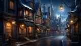 Fototapeta Londyn - Fantasy illustration of an old town at night with a street lantern