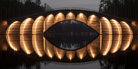 Sticker - Under the graceful arches of the bridge, a tunnel leads beneath, its reflection mirrored in the still waters, an enchanting sight of architectural marvel and natural serenity