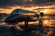 black business jet parked outside on sunset closeup