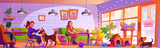 Fototapeta Dinusie - Dog and cat friendly cafe interior with furniture and equipment. Cartoon women with pets rest in cafeteria on chair and sofa. Feeding bowls, bed and toys for domestic animals in public place for eat.