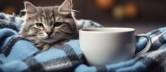 Sticker - Adorable Kitten Relaxing on Cozy Plaid Near a Cup, Enjoying a Peaceful Moment