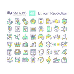 Sticker - Lithium revolution RGB color icons set. Green energy solution, decarbonization. Consumer portable electronics. Isolated vector illustrations. Simple filled line drawings collection. Editable stroke