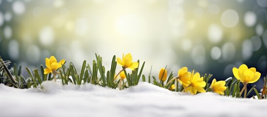 Wall Mural - Mesmerizing Spring Blossoms Peeking Through Fresh Blanket of Snow