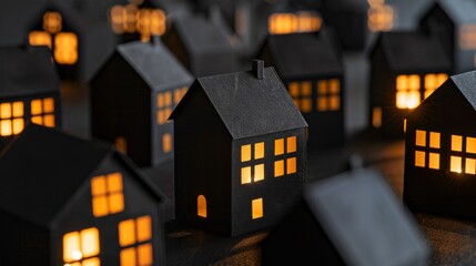 Wall Mural - A group of small black houses lit up at night