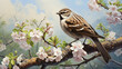 A sparrow bird sits on a blossoming branch of an apple