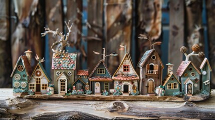 Wall Mural - A group of miniature houses sitting on top of a piece of wood