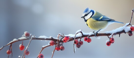 Poster - Vibrant Bird Perched on a Berry-Laden Branch in a Natural Setting