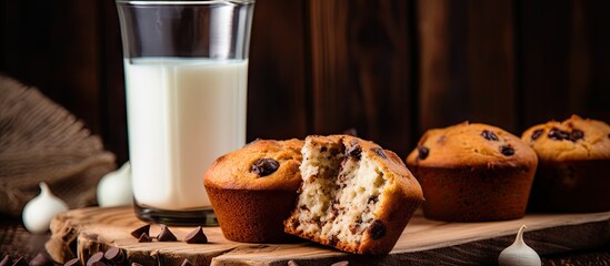 Poster - Indulgent Chocolate Chip Muffin Paired with a Fresh Glass of Milk for a Decadent Treat