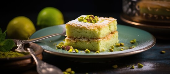 Poster - Delicious Slice of Cake Served on a Stylish Ceramic Plate with Decorative Details