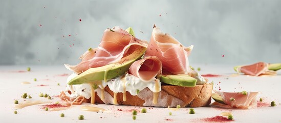 Sticker - Delicious Sandwich with Fresh Ingredients: Meat, Cheese, and Avocado Served on Rustic Background