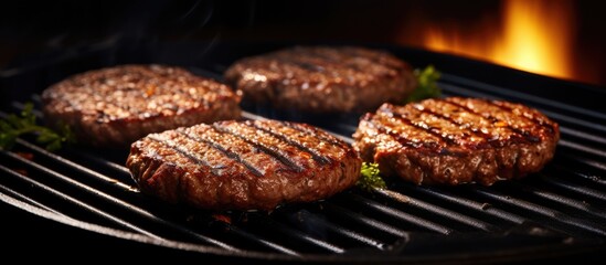 Poster - Sizzling BBQ Grill Cooks Three Juicy Steaks Outdoors on a Sunny Day