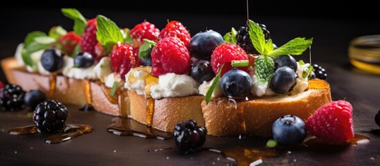 Wall Mural - Delectable Bread Delight with Fresh Fruits and Whipped Cream Close-Up