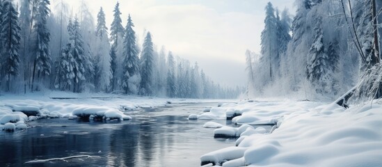 Sticker - Serene Winter Landscape: Tranquil River Running Through Snowy Forest Scenery