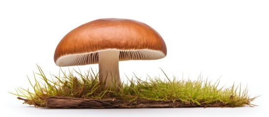 Poster - Enchanting Mushroom Amid Lush Green Grass on a Serene White Background