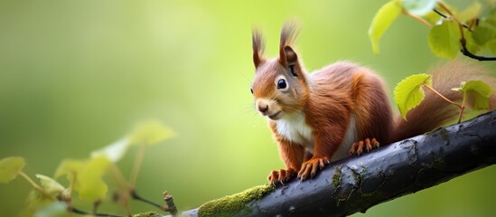 Wall Mural - Curious Squirrel Observing its Surroundings perched on a Lush Green Branch in the Forest