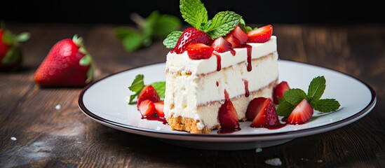 Canvas Print - Delicious Homemade Strawberry Cake Served with Fresh Juicy Berries