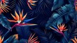 Exotic tropical flowers bird of paradise (strelitzia) red color blue palm leaves dark night jungle background seamless vector pattern beach illustration 