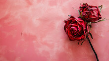 Dried Withered Red Rose Ower On Pink Paper Background