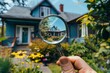 Real estate inspector inspecting house with magnifying glass.