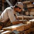 carpenter in baseball cap works wooden planks , generated by AI