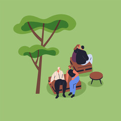 Wall Mural - People relaxing in park, nature. Couples, friends sitting, resting outdoors, talking, chatting under tree on summer holiday, weekend. Tiny characters at leisure time outside. Flat vector illustration