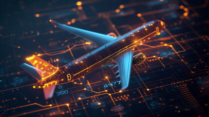 Airplane in holographic for travel and transportation concept on the plot plan drawings line graphic, design for abstract wallpaper and background	