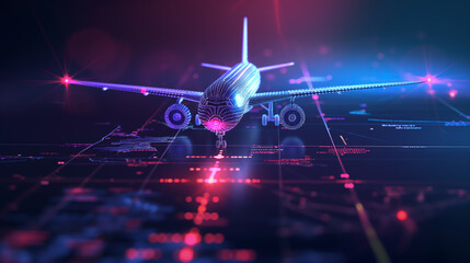 Airplane in holographic for travel and transportation concept on the plot plan drawings line graphic, design for abstract wallpaper and background	