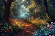 An enchanted forest path bordered with mythical and luminous flowers