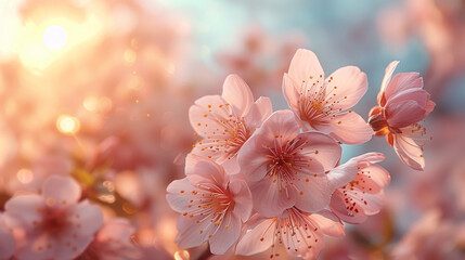 Poster - Branches of blossoming cherry macro with soft focus on gentle light blue sky background in sunlight with copy space. Beautiful floral image of spring nature panoramic view.