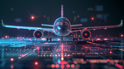 Airplane in holographic for travel and transportation concept on the plot plan drawings line graphic, design for abstract wallpaper and background	