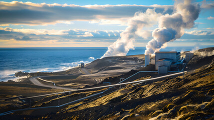 Geothermal power plant is located on the edge of the sea