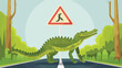 Crocodile crossing danger road sign Flat vector