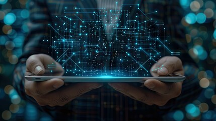 Close-up of a Businessman Engrossed in Virtual Blockchain Network on Tablet - Data Fields Floating in Cyberspace