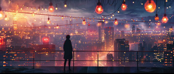 Wall Mural - Contemplative man viewing cityscape from balcony with festive lights. Urban solitude.