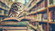 An owl perched on top of an open book in a library setting