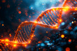 Abstract DNA human code texture in blue orange colours at dark background with bokeh, biotechnology and science.