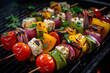 Vegetarian grilled shashlik with feta cheese, bell peppers, tomato and red onion on barbecue