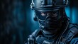 Intense portrait of unrecognizable male special forces operative in tactical gear