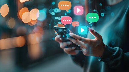 Woman holding smartphone with a blank speech wording and social network icons.