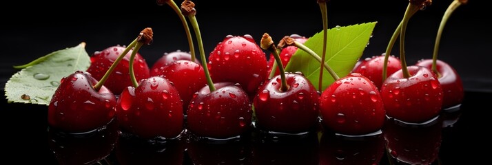 Wall Mural - Fresh wet sour cherries on black background. Cherries closeup shot with water drops