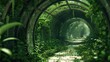 Overgrown Greenhouse Tunnel in Mystic Forest, Lush foliage a mysterious abandoned greenhouse tunnel, hinting at nature's reclaiming power.