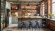 © Volodymyr Shcerbak - Contemporary interior design. Light spacious dinning room including brown wooden furniture with bar stools at counter and soft comfortable chairs at table with brick effect in loft style.