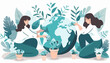 A flat vector illustration shows two women planting trees on Earth