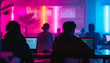 A secretive meeting unfolds in a cybercafé bathed in neon lights - where hackers exchange information and strategies - wide format
